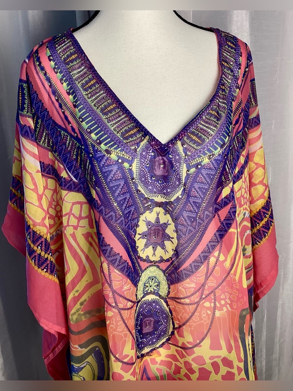 Rhinestone Boho Chiffon Kaftan Tunic Pink Teal Exotic Festival Caftan Top OS